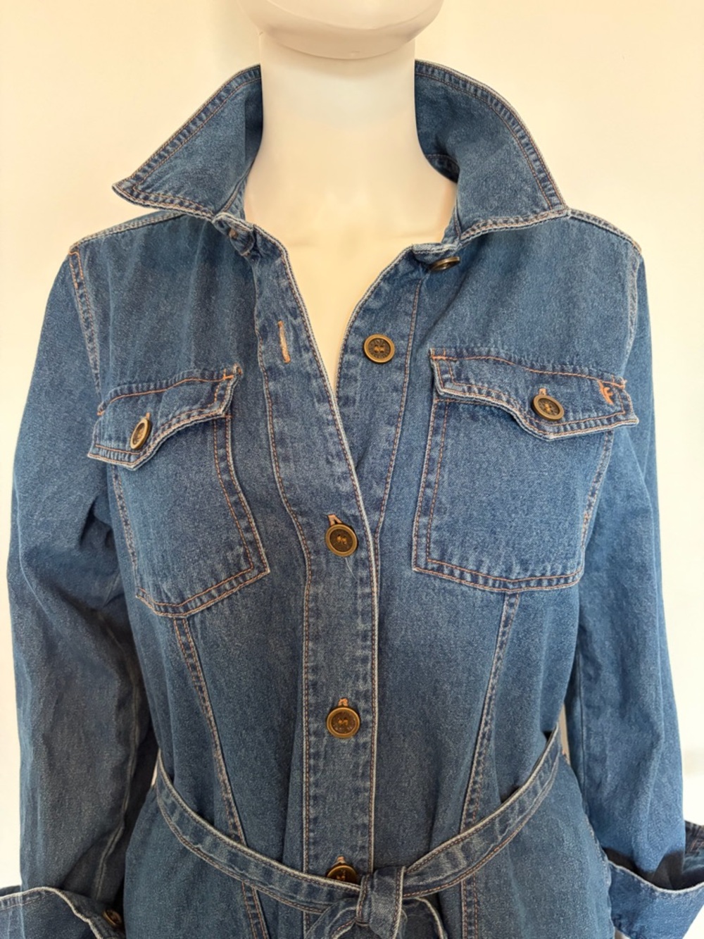 #582 Frye Blue Denim Button-Front Shirt Dress with Waist Tie - Picture 5 of 12